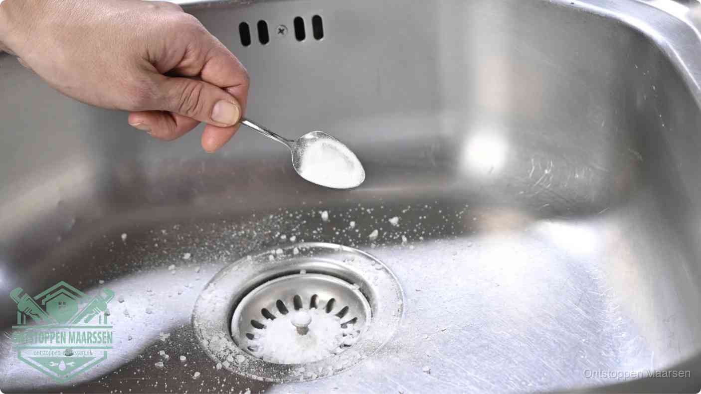 Een hand strooit met een lepel soda in de afvoer van een roestvrijstalen spoelbak, de soda en azijn huismiddel-methode om de afvoer te ontstoppen in Maarssen