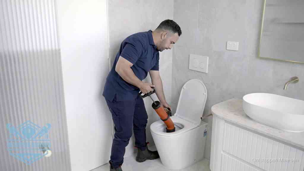 Een monteur buigt over een wandcloset en duwt met de hand een persluchtontstopper in de toiletpot om de verstopping handmatig los te maken in Maarssen