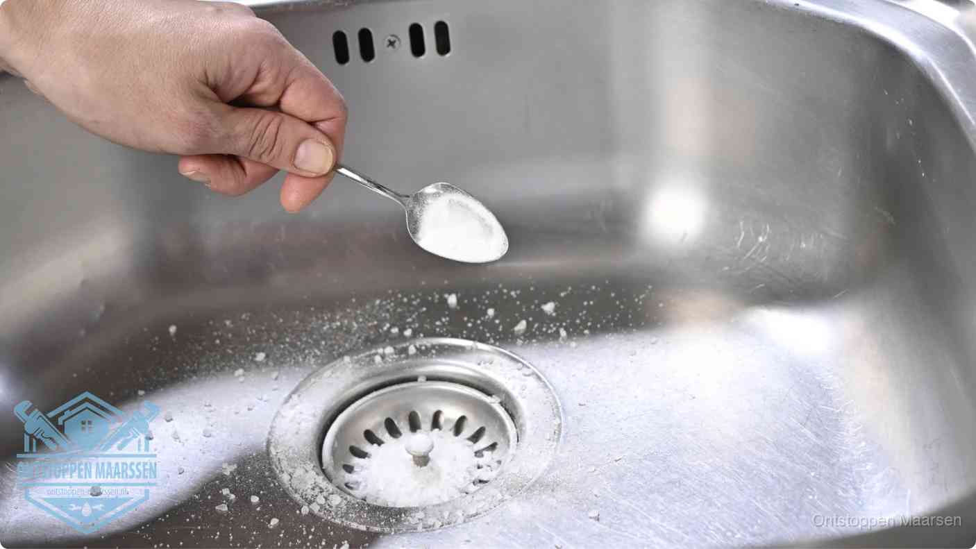 Hand strooit soda in de afvoer, riool ontstoppen met soda en azijn in Maarssen