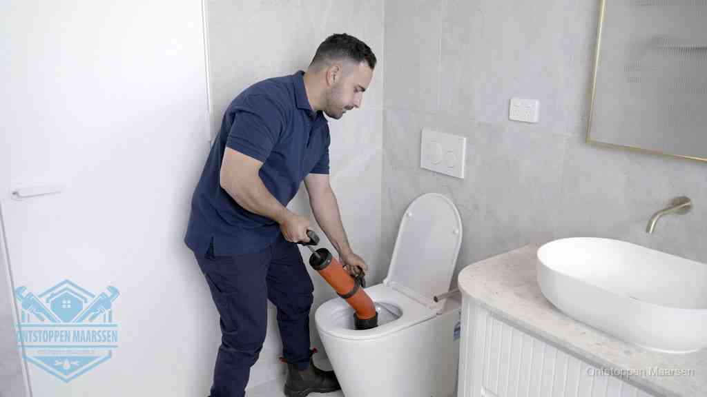 Een monteur gebruikt een handmatige perspomp (toiletontstopper) op een wandcloset tijdens het professioneel wc ontstoppen in Maarssen
